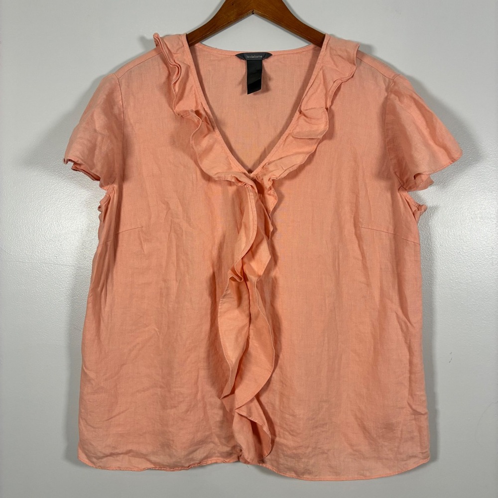 Liz Claiborne Blouse 14W Linen Ruffle V-Neck Side Zip Coastal Summer Breezy